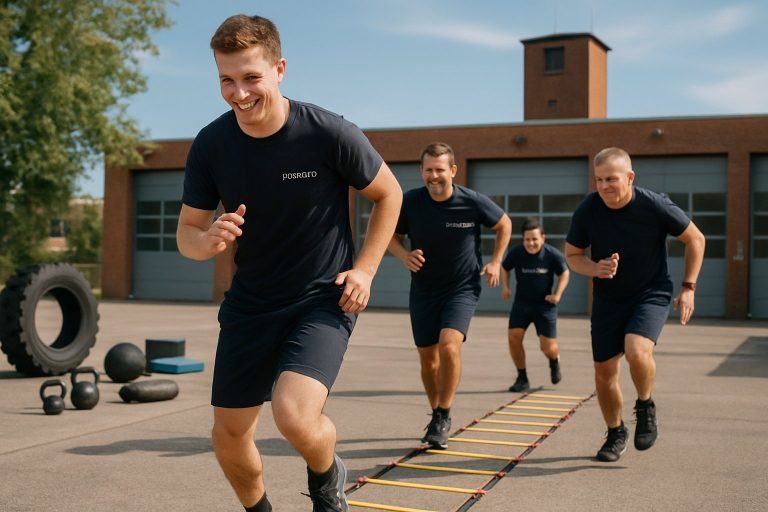 Bewerber beim Lauf- und Koordinationstraining vor einer Feuerwache