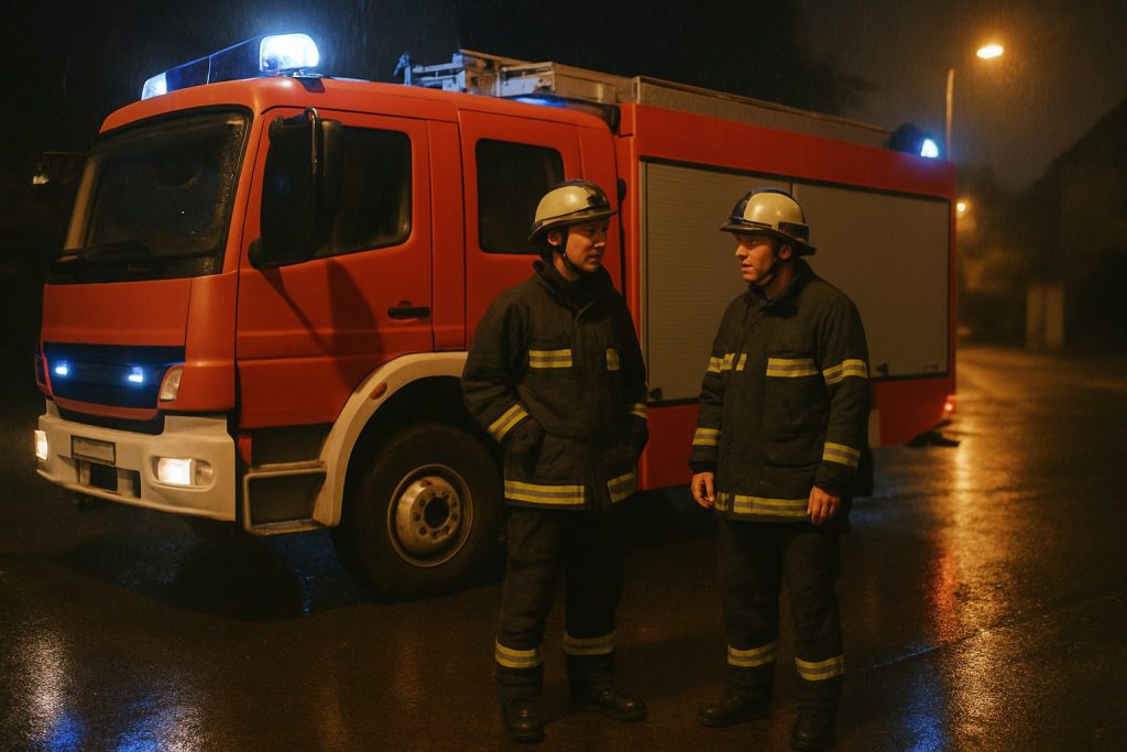 Löschfahrzeug bei Nacht auf nasser Straße mit Blaulicht-Reflexen, daneben zwei Einsatzkräfte im ruhigen Gespräch